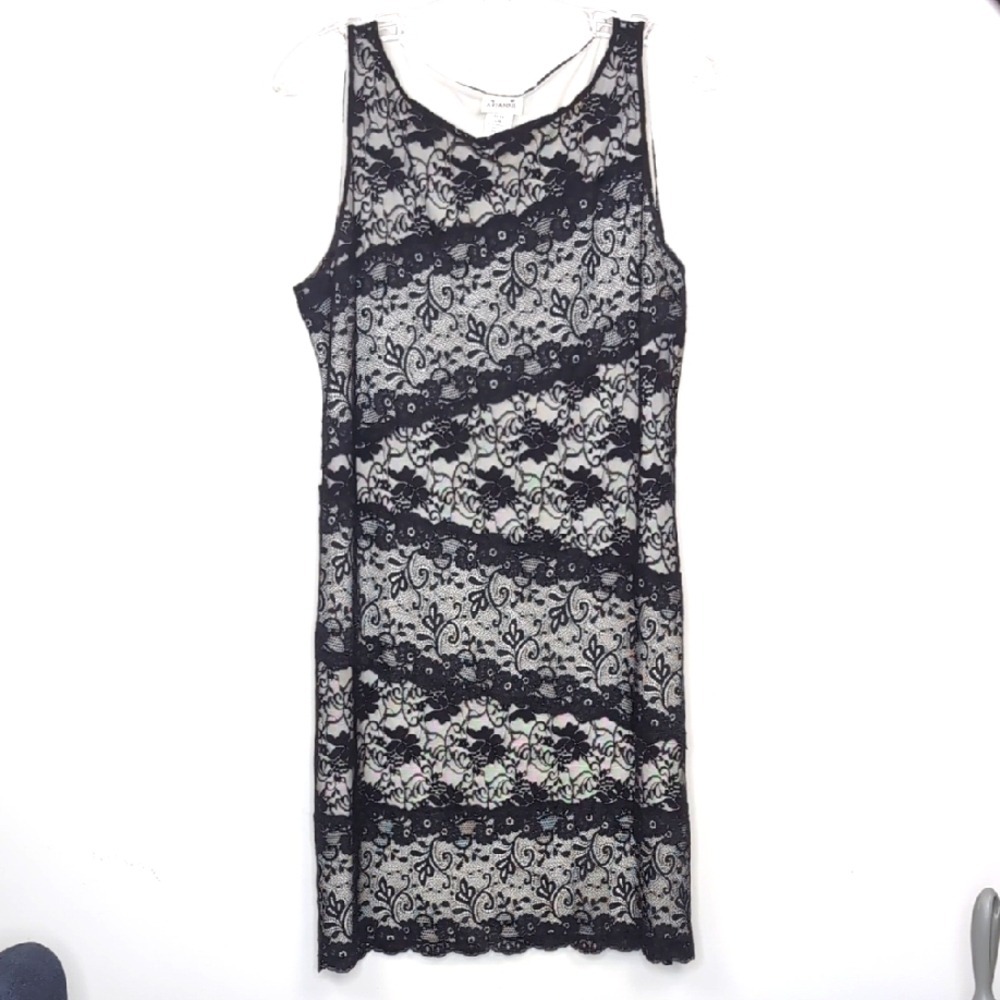 Arianne Women's Large White Black Lace Stretch Sleeveless Dress Made In Canada